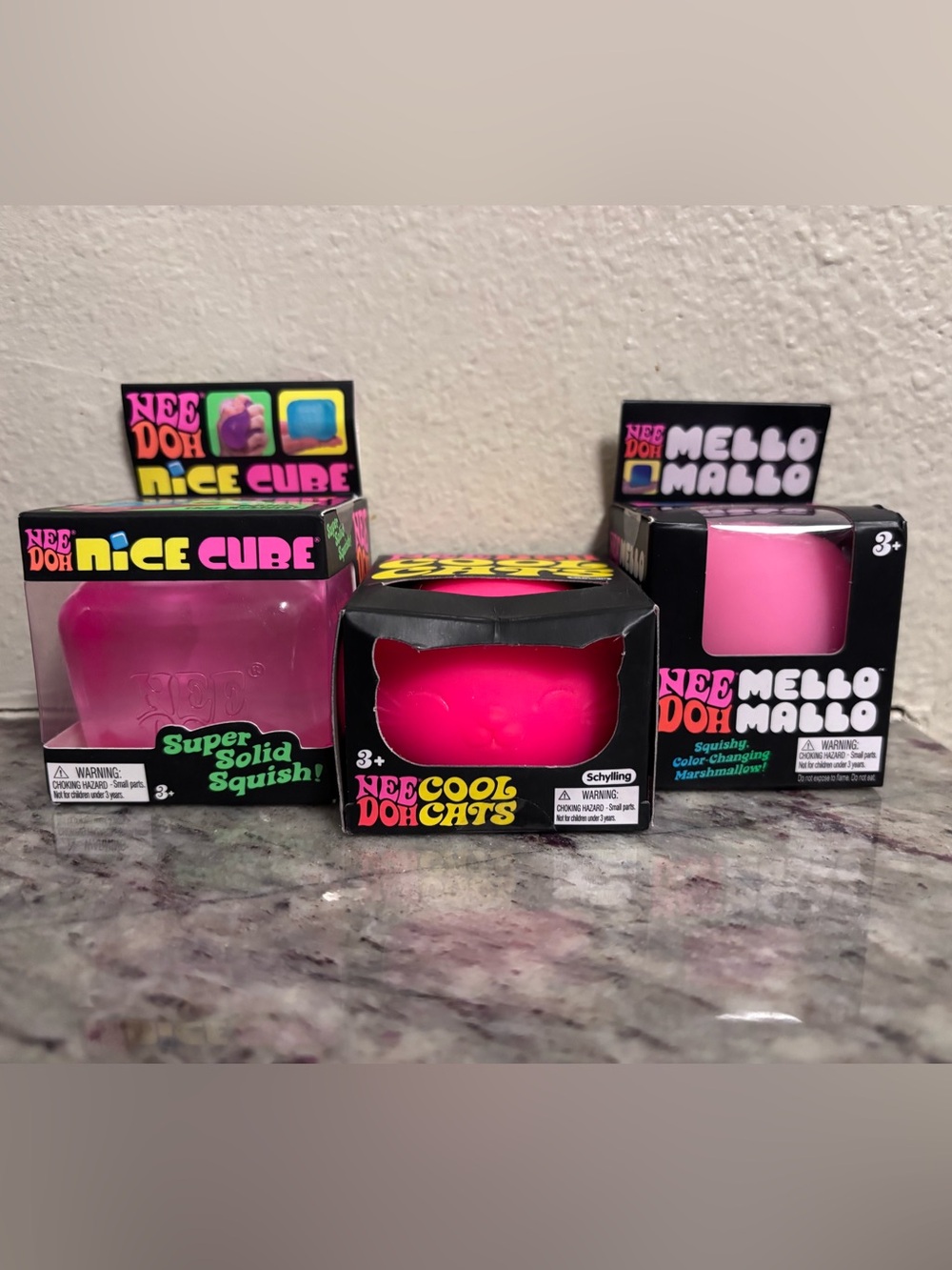 Needoh Pink Nice Cube, Cool Cats & Mello Mallo Squishy Bundle